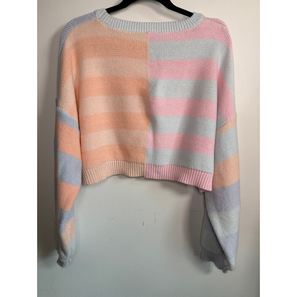 Pastel Colorblock Striped Cropped Sweater Soft Girl Coquette Slouchy Knit Size L - Picture 4 of 4